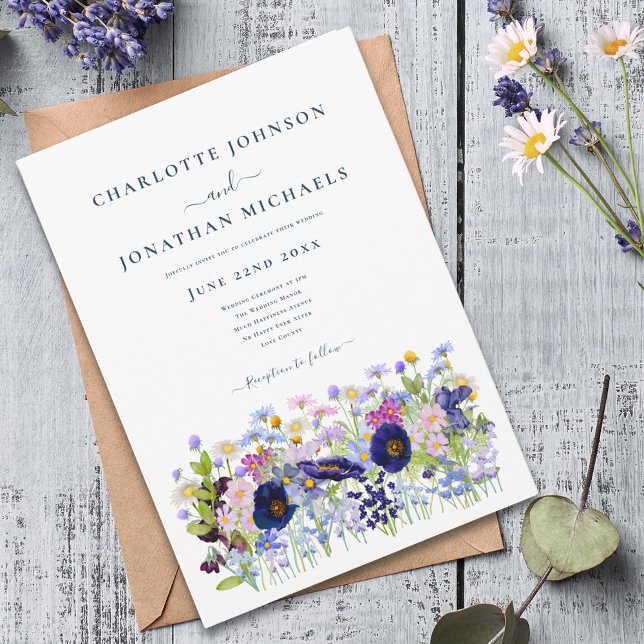 Convites Modern Wildflower Meadow (Modern colorful wildflower meadow wedding invitation boho watercolor floral blue pink purple )