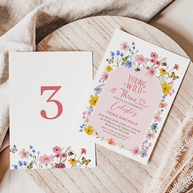 Convites Modern Wildflower Young Wild Three 3rd Birthday  (Young Wild and Three Wildflower 3rd Birthday Invitation, Young Wild and Three Invitation Template)