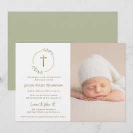 Convites Modern Wreath Gold Cross Baby baptism Photo green