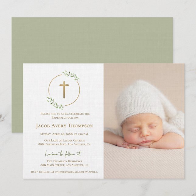Convites Modern Wreath Gold Cross Baby baptism Photo green (Frente/Verso)