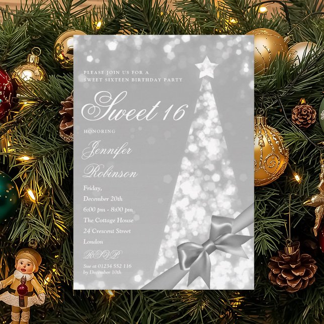 Convites Modern Xmas Tree Ribbon Sweet 16 Birthday Party (Modern Xmas Tree Ribbon Sweet 16 Birthday Party Invitation)