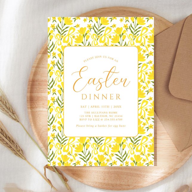 Convites Modern Yellow Spring Floral Bow Easter Dinner (Criador carregado)