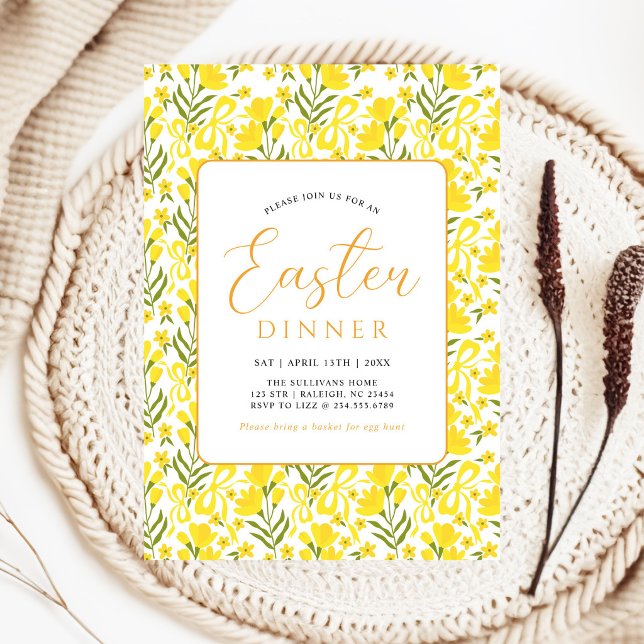 Convites Modern Yellow Spring Floral Bow Easter Dinner (Criador carregado)