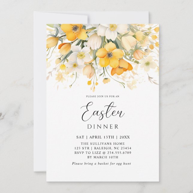 Convites Modern Yellow Spring Floral Easter Dinner (Frente)