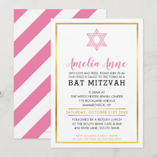 Convites MODERNA BAT MITZVAH INVITE estrela judia cor-de-ro