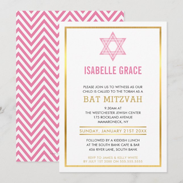 Convites MODERNA BAT MITZVAH INVITE estrela judia cor-de-ro (Frente/Verso)