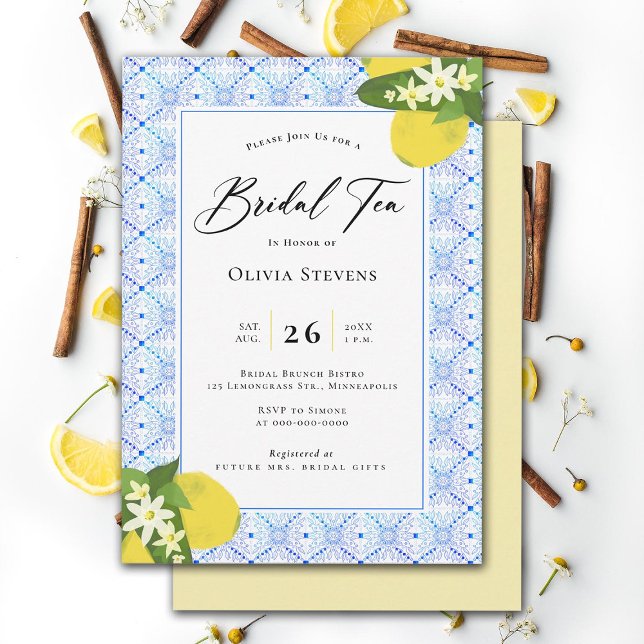 Convites Moderna Bridal Chá Lemons Chá português (bridal tea party lemons blue tiles modern elegant garden backyard stylish chic classic)