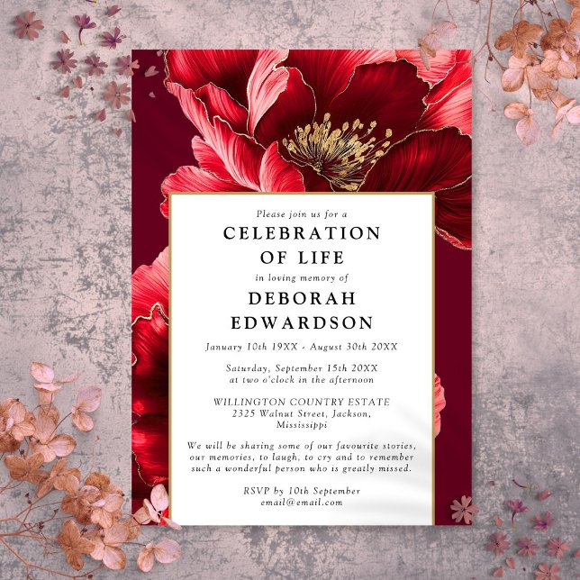 Convites Moderna Celebração Floral Vermelha Elegante Da Vid (Modern Red Elegant Floral Celebration Of Life Invitation)
