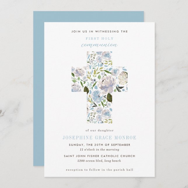 Convites Moderna Cruz Floral Azul Primeira Comunhão (Frente/Verso)