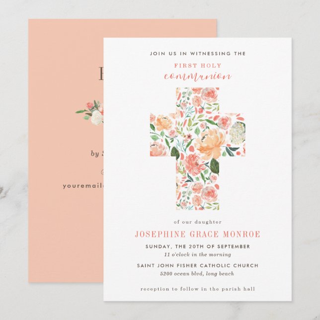 Convites Moderna Cruz Floral Blush Peach Primeira Comunhão (Frente/Verso)