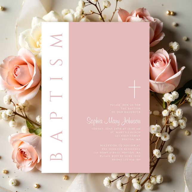 Convites Moderna Elegante Blush Cross Girl Rosa (Modern Elegant Blush Pink Cross Girl Invitation)