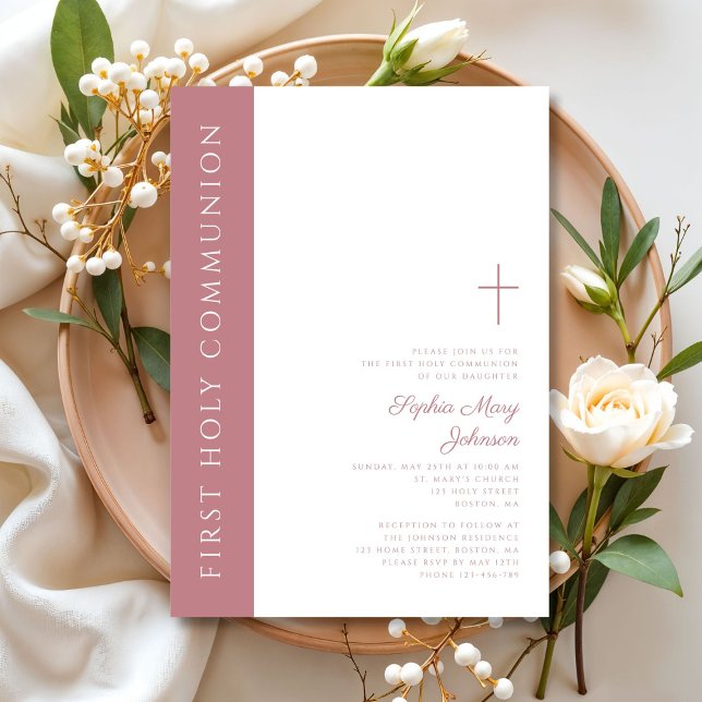 Convites Moderna Elegante Cruz Rosa Menina Primeira Comunhã (Modern Elegant Pink Cross Girl First Communion Invitation)