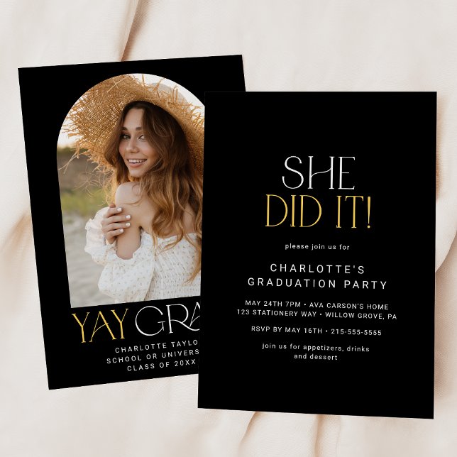 Convites Moderna Fete Preto Dourada Ela Fez A Graduação Fot (Criador carregado)