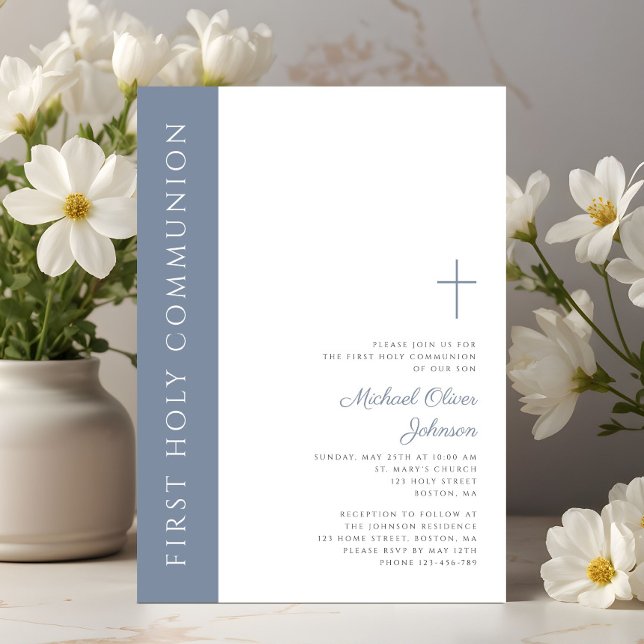 Convites Moderna Primeira Comunhão Cruz Azul Empoeirada Ele (Modern Elegant Dusty Blue Cross First Communion Invitation)