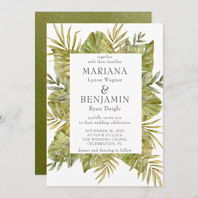 Convites Modernas Folhas Tropicais Sage Verde (Frente/Verso)