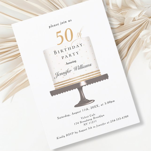 Convites Modernes, elegante Einladung zum Geburtstag (Modern, elegant, birthday cake, white & gold invitation.)