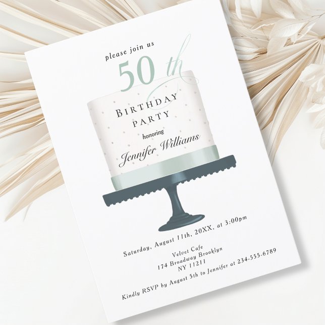 Convites Modernes, elegante Einladung zum Geburtstag (Modern, elegant, white, mint, birthday cake invitation.)