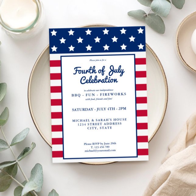 Convites Moderno 4 de julho Vermelho Branco e Azul (Criador carregado)