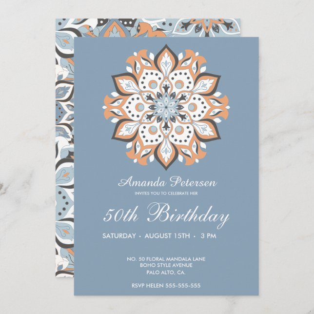 Convites Moderno 50.º aniversário do Mandala Floral Elegant (Frente/Verso)