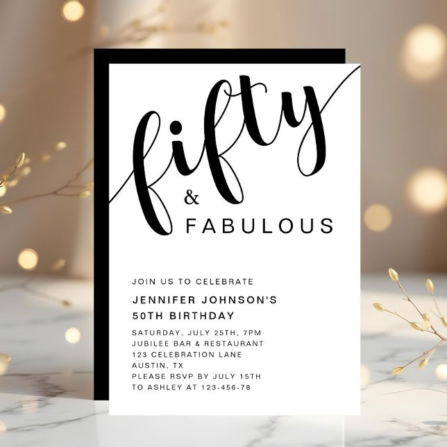 Convites Moderno 50 E Fabuloso 50. Aniversário (Minimalist Black And White 50th Birthday Invitation)