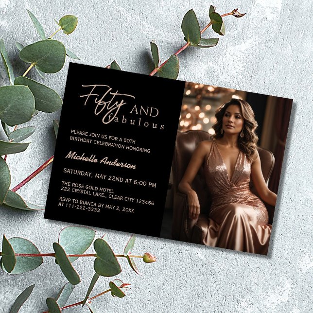 Convites Moderno 50 & Fabuloso Foto Rosa Dourado Aniversári (Criador carregado)