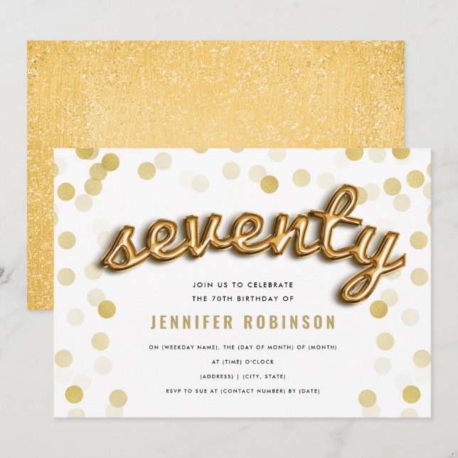 Convites Moderno 70 Birthday - Balões Dourados Brilhante (Frente/Verso)