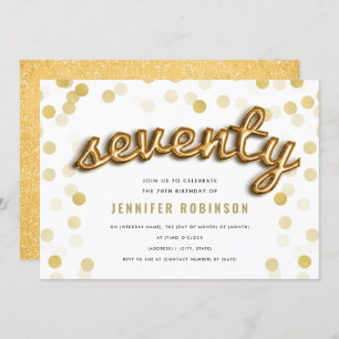 Convites Moderno 70 Birthday - Balões Dourados Brilhante