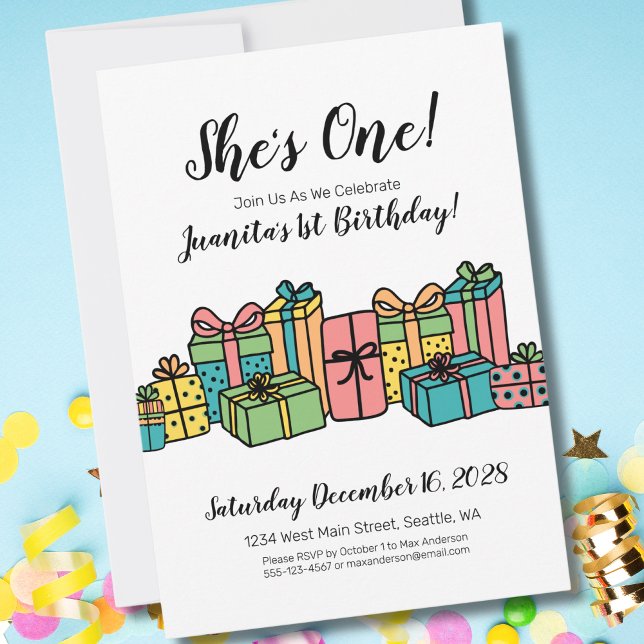 Convites Moderno Aniversário de 1 Ano Colorido Fofo (Modern Classic Cute Party Colorful 1st Birthday Invitation)