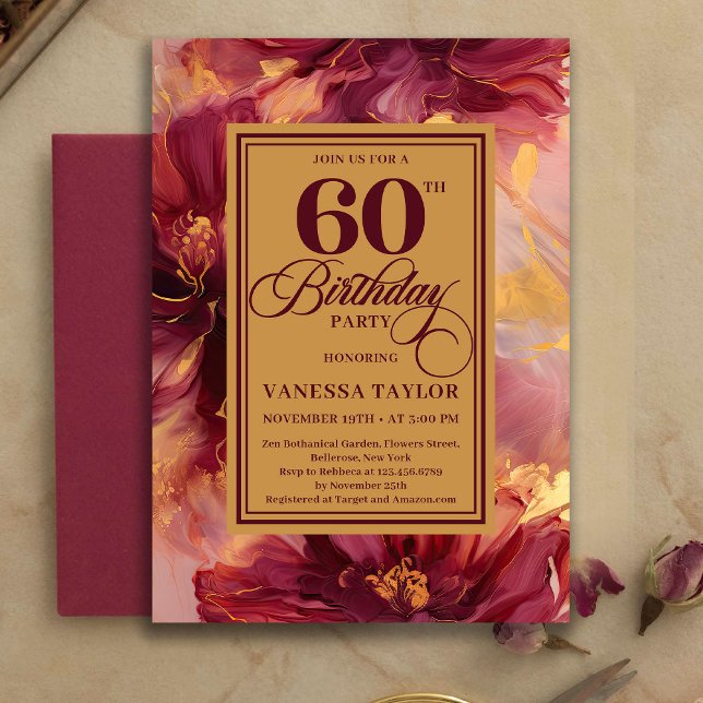 Convites Moderno Aniversário de 60 anos Burgundy Blush Boho (Modern 60th Birthday Burgundy Blush Boho Gold Invitation)