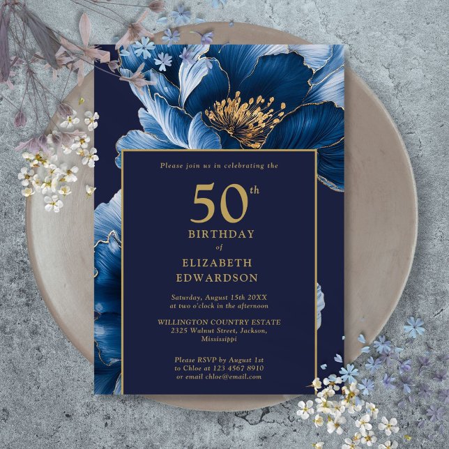 Convites Moderno Azul Marinho Floral Elegante Aniversário (Modern Navy Blue Floral Elegant Birthday Invitation)