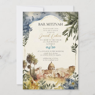 Convites Moderno Bar Mitzvah Azul Judaico Elegante Aquarela