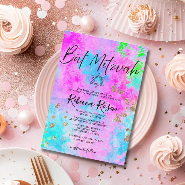 Convites Moderno Bat Mitzvah em Neon e Aquarela Dourada (Criador carregado)