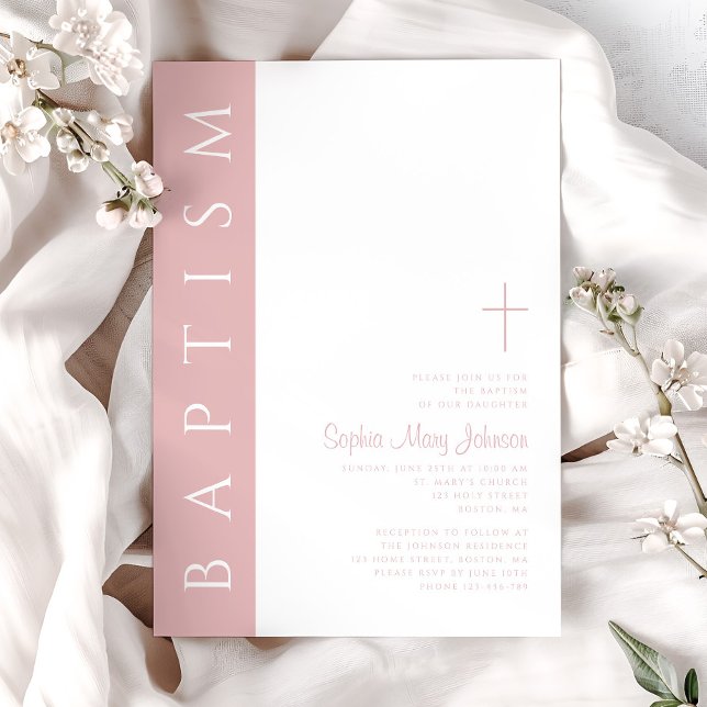 Convites Moderno Batismo de Menina Cruz Rosa Elegante (Modern Elegant Blush Pink Cross Girl Baptism Invitation)