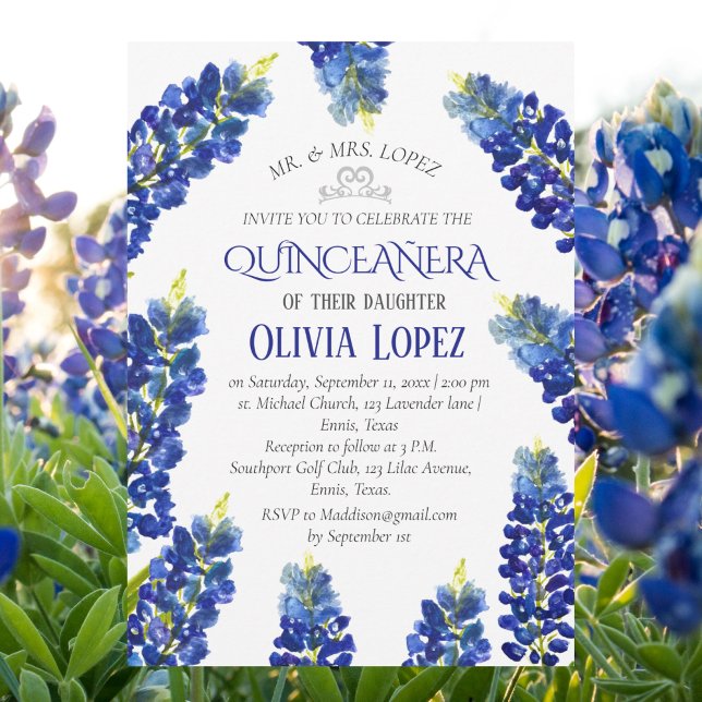 Convites Moderno Bluebonnets Quinceañera Floral 15 Aniversá (Criador carregado)