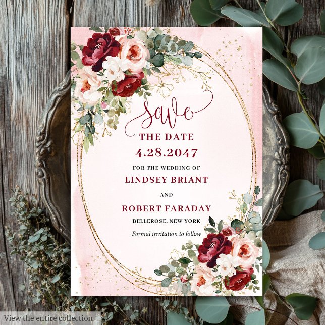 Convites Moderno Boho Bege Profundo Vermelho Dourado Floral (Modern Boho Deep Red Blush Gold Floral Save Date)