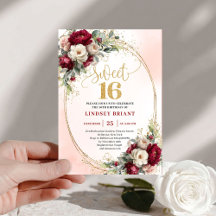 Moderno Boho Borgonha Dourado Floral 16º Aniversár