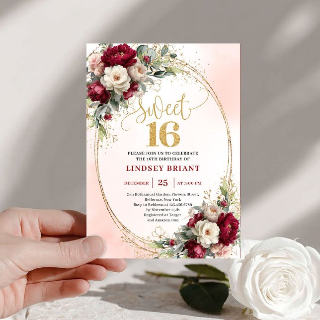 Convites Moderno Boho Borgonha Dourado Floral 16º Aniversár (Modern Boho Burgundy Gold Floral 16th Birthday Invite)