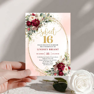 Convites Moderno Boho Marsala Dourado Floral Sweet Sixteen