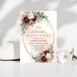 Convites Moderno Boho Marsala Flores Eucalipto Quinceañera