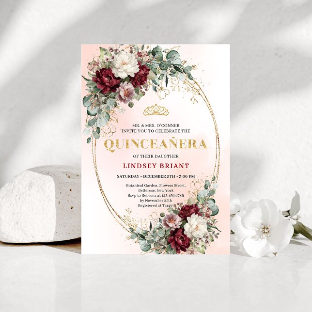 Convites Moderno Boho Marsala Flores Eucalipto Quinceañera (Trendy Marsala Flowers Eucalyptus Quinceañera Invite)