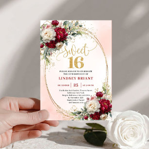 Convites Moderno Boho Merlot Dourado Floral Sweet Sixteen 1