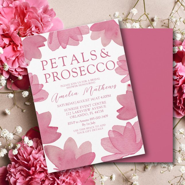 Convites Moderno Boho Rosa Aguarela Pétalas & Prosecco  (Criador carregado)