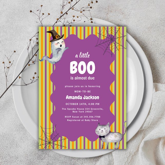 Convites Moderno Bonito Um Pequeno Chá de fraldas Ghost Gho (Cute Modern A Little Boo Ghost Cat Baby Shower Invitation)