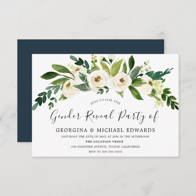 Convites Moderno Botânico Branca, Floral Gênero Revelação (Frente/Verso)