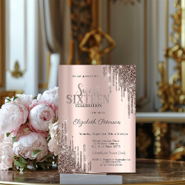 Convites Moderno Brilho Cool Drips Rosa Dourado Doce 16