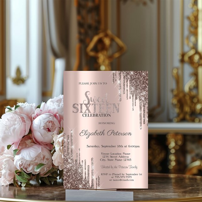 Convites Moderno Brilho Cool Drips Rosa Dourado Doce 16 (Criador carregado)
