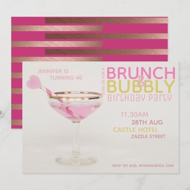 Convites Moderno BRUNCH BUBBLY Coquetel ROSA DOURADO 40º (Frente/Verso)