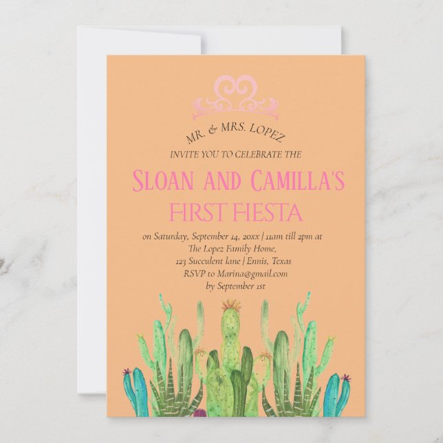 Convites Moderno Cactus Twins First Fiesta Birthday (Frente)