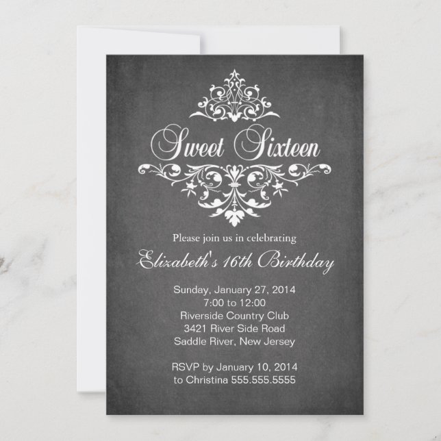 Convites Moderno Chalkboard Doce Dezesseis Festas de aniver (Frente)