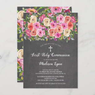 Convites Moderno Chalkboard Pink Floral Primeira Comunhão S